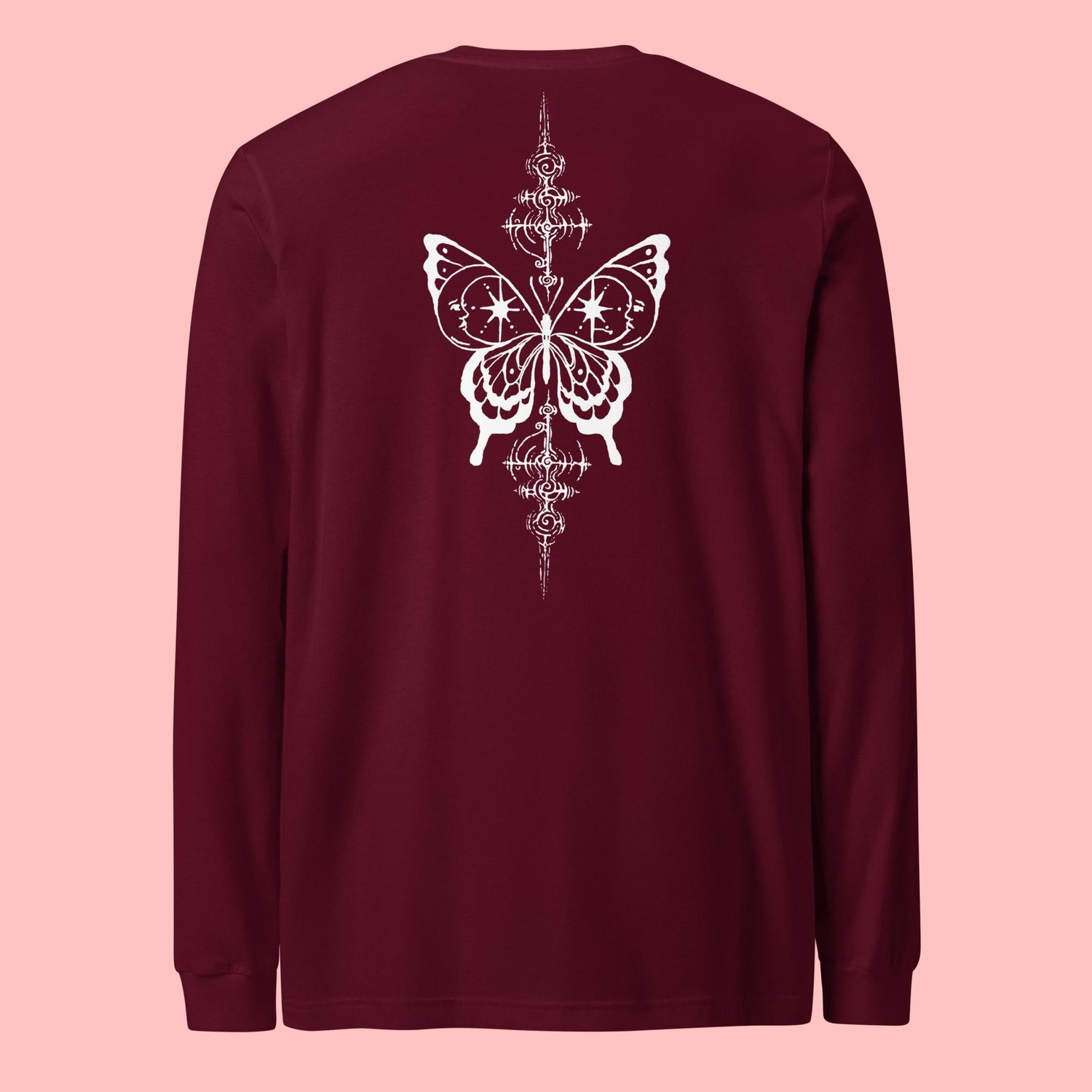 Surreal long sleeve graphic t-shirt with symbolic butterfly dark art design