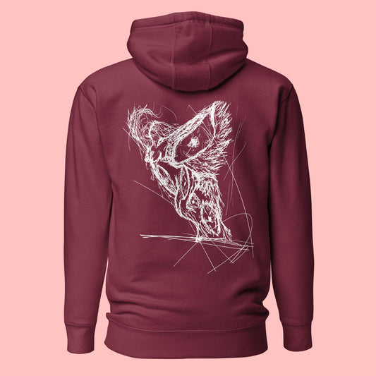 Hand-drawn surreal artwork 'Divine Seraph' printed on hoodie garment