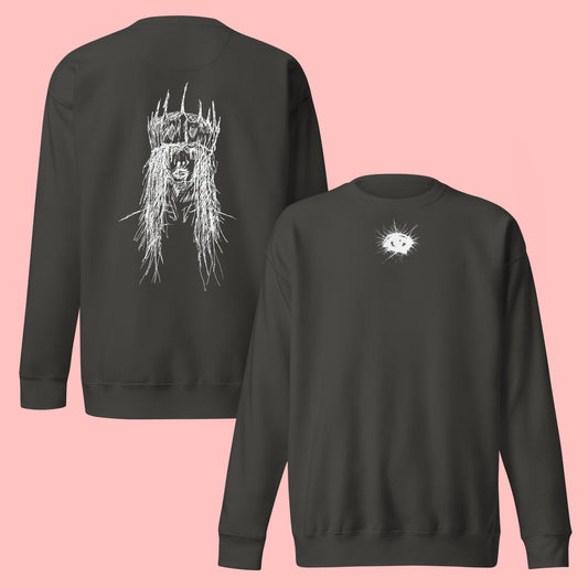 Hand-drawn surreal artwork 'Blind Affluence' printed on crewneck garment