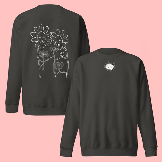 Hand-drawn surreal artwork 'Oculus Florae' printed on crewneck garment